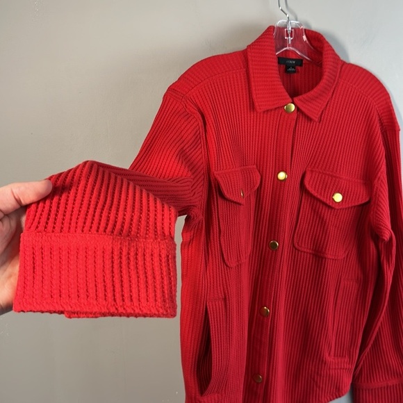 NWT J. Crew Womens Holiday Red Waffle Knit Snap Front Shacket Sz M Shirt Jacket - Picture 8 of 16
